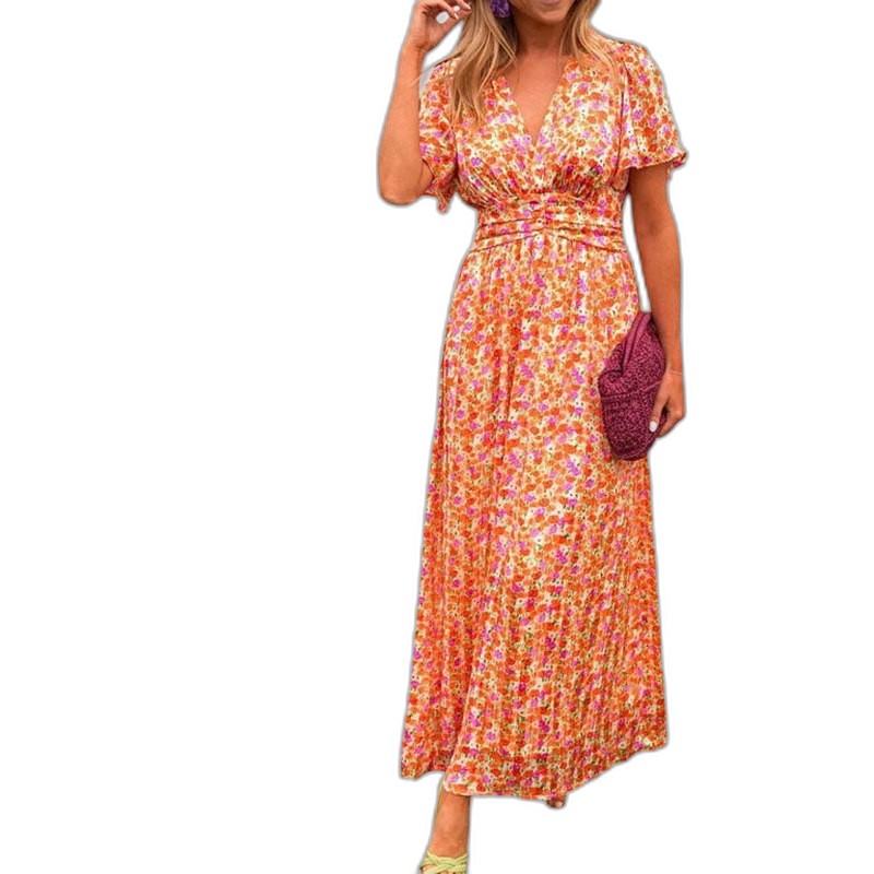 Elegant Floral Maxi Dress for Women with V Neck Short Sleeve Tiered Belted Flowing Vacation Style