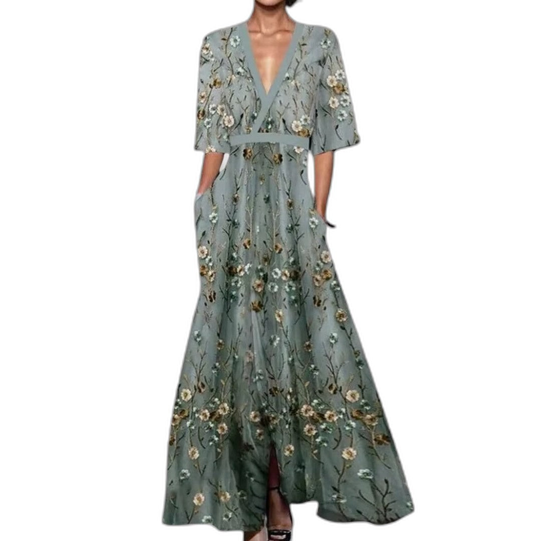 Elegant Floral Maxi Dress for Women with V Neck Short Sleeve Wrap Flowing Formal Wedding Guest Style