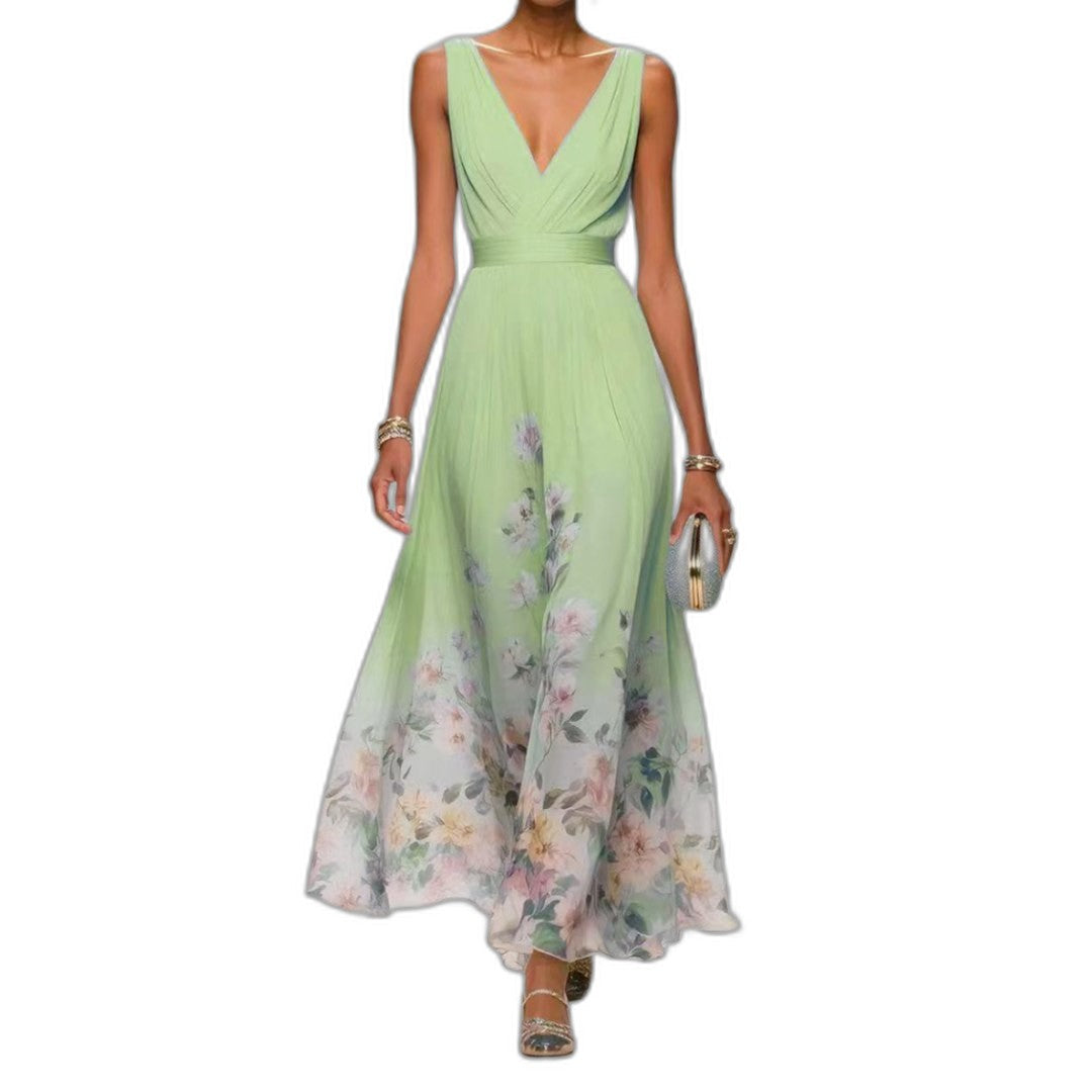 Elegant Floral Maxi Dress for Women with V Neck Sleeveless A Line Flowing Formal Wedding Guest Style