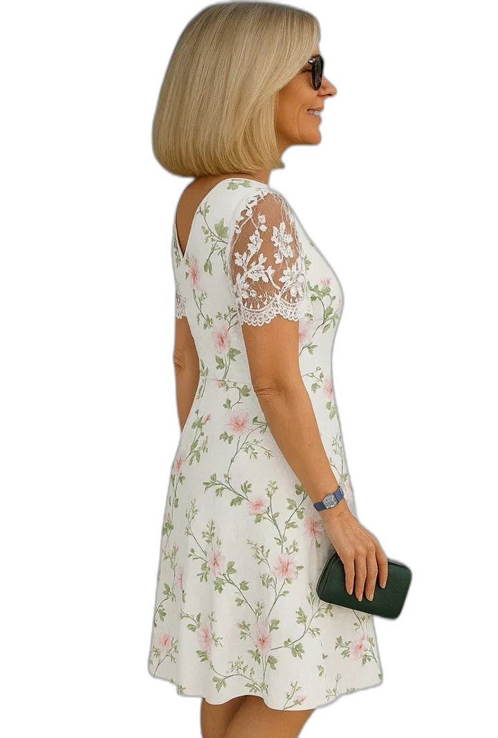 Elegant Floral Midi Dress for Women with V Neck Short Sleeve A Line Formal Wedding Guest Style