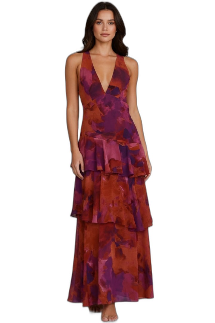Elegant Floral Midi Dress for Women with V Neck Sleeveless Tiered Ruffle Cocktail Style