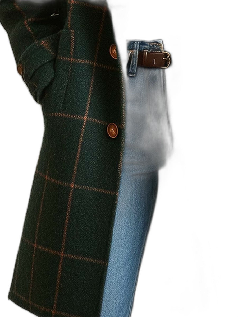 Elegant Green Plaid Coat for Women with Collared Long Sleeve Button Front Belted Office Style