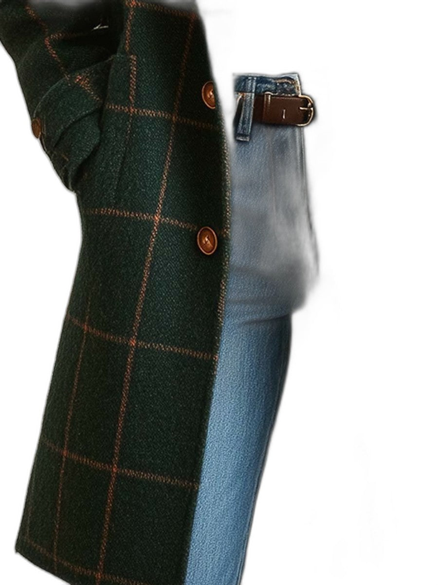 Elegant Green Plaid Coat for Women with Collared Long Sleeve Button Front Office Style