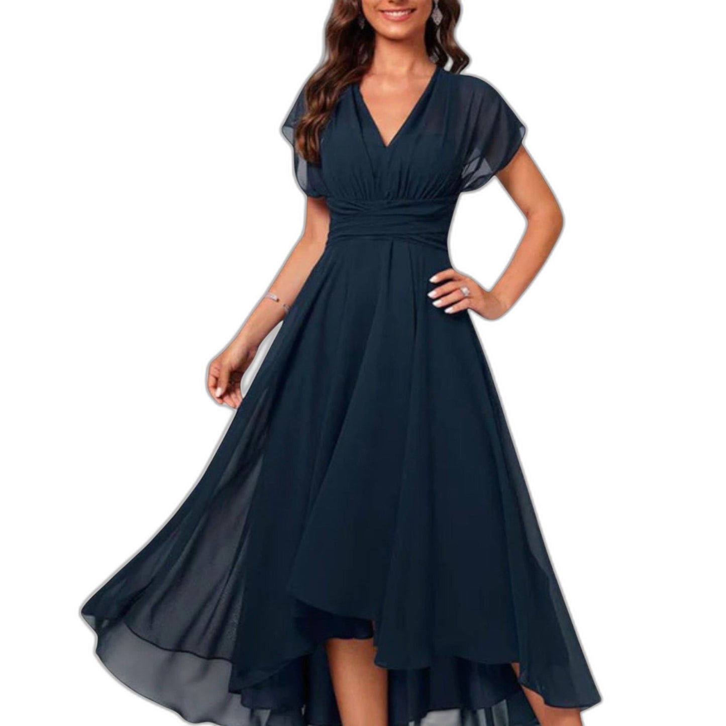 Elegant Navy Chiffon Midi Dress for Women with V Neck Short Sleeve A Line Belted Fit And Flare Cocktail Style