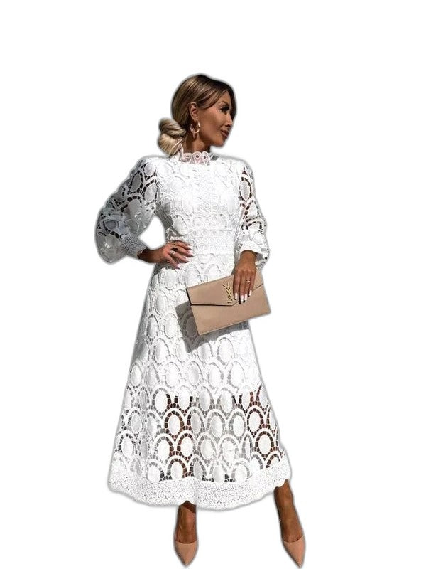 Elegant Navy Lace Midi Dress for Women with High Neck Long Sleeve Fit And Flare Cocktail Style
