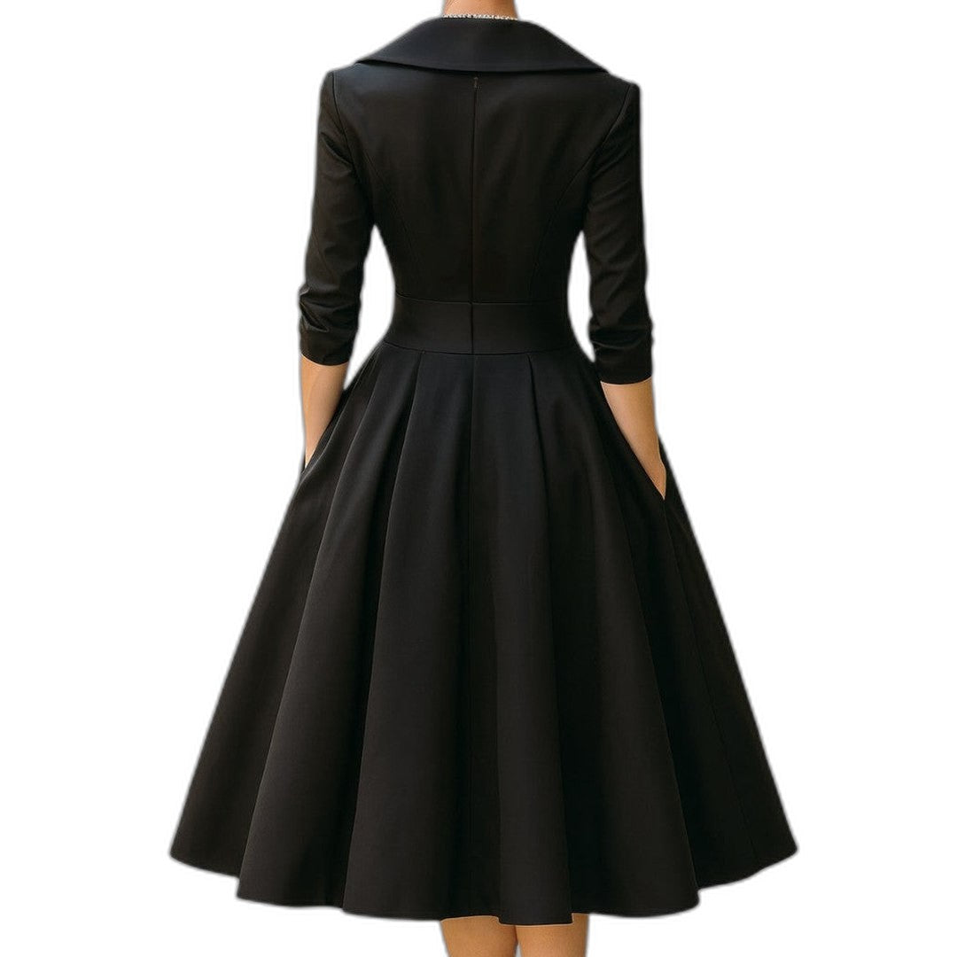 Elegant Navy Midi Dress for Women with Collared Long Sleeve A Line Fit And Flare Cocktail Style