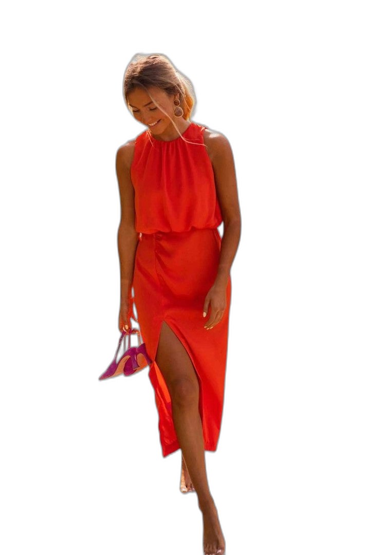 Elegant Orange Chiffon Maxi Dress for Women with Sleeveless Flowing Vacation Style