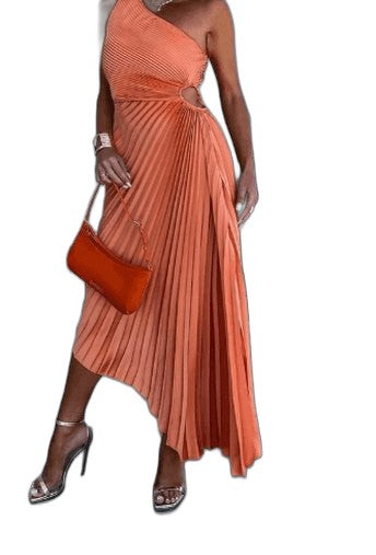 Elegant Orange Midi Dress for Women with One Shoulder Sleeveless Pleated Flowing Cocktail Style