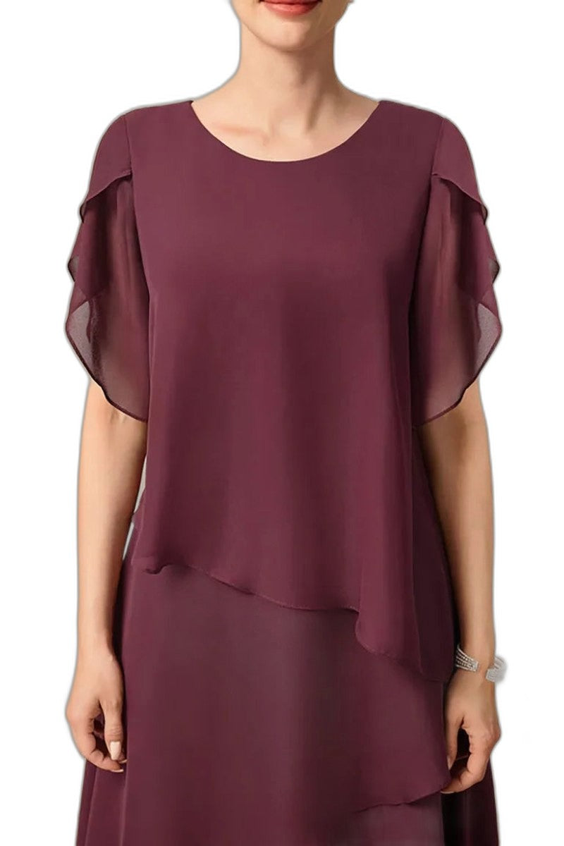 Elegant Pink Chiffon Midi Dress for Women with Crew Neck Short Sleeve Tiered Flowing Cocktail Style
