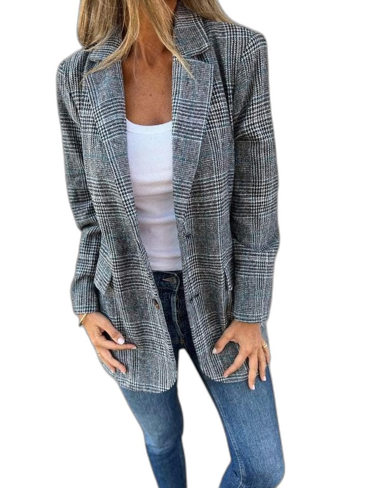 Elegant Plaid Blazer for Women with Collared Long Sleeve Button Front Pockets Office Style