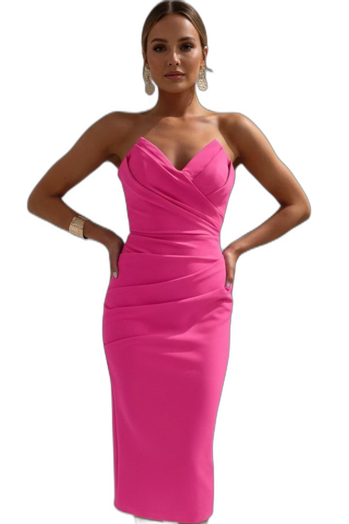 Elegant Purple Satin Midi Dress for Women with Sweetheart Sleeveless Bodycon Ruched Cocktail Style