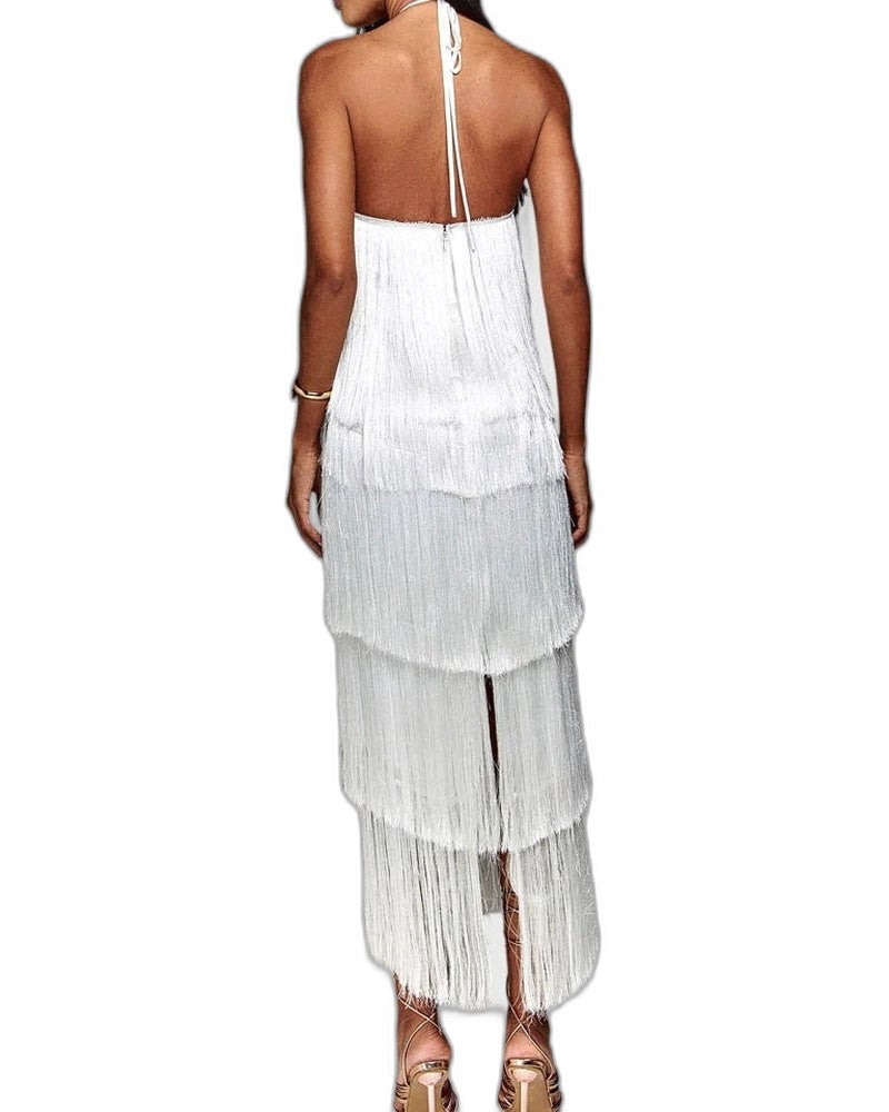 Elegant Red Maxi Dress for Women with Halter Sleeveless Tiered Ruffle Tassel Party Style