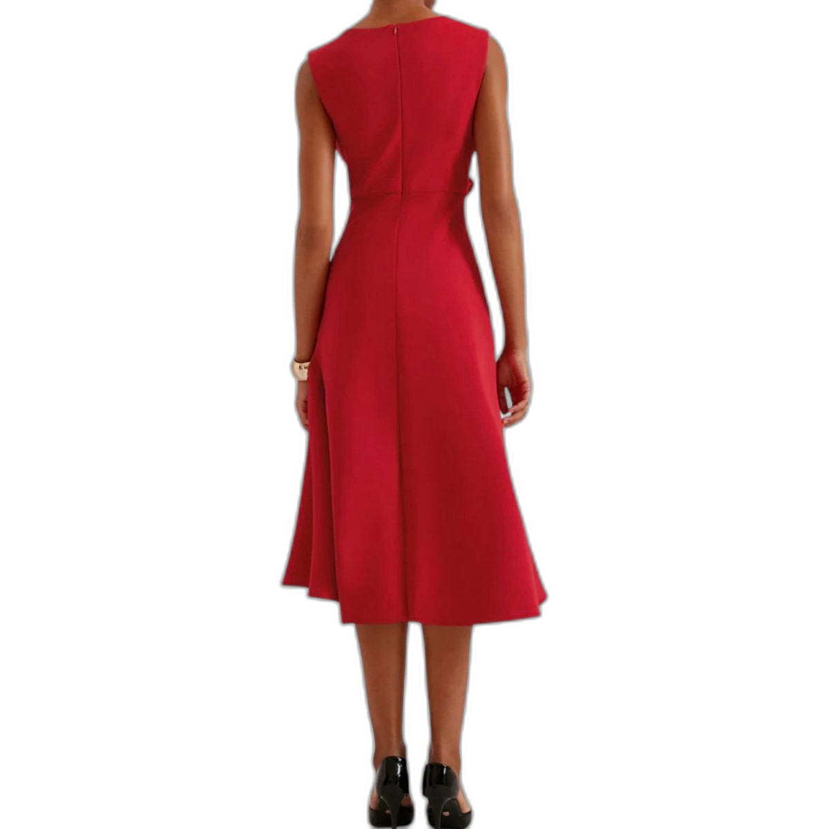 Elegant Red Satin Midi Dress for Women with Boat Neck Sleeveless Ruffle Asymmetric Fit And Flare Cocktail Style