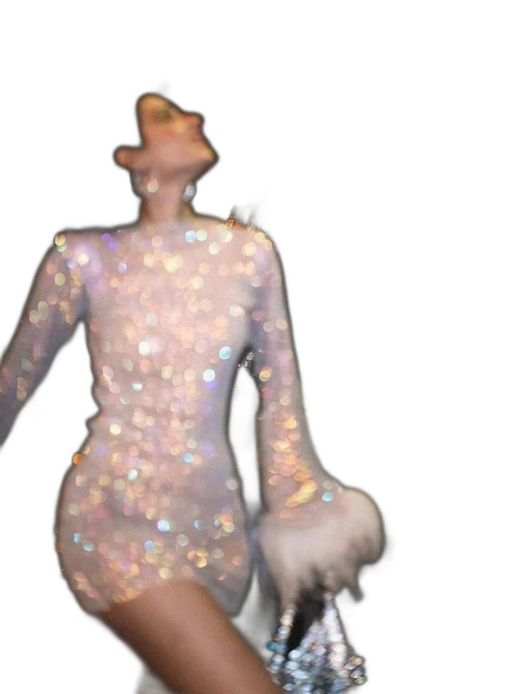 Elegant Sequin Mini Dress for Women with High Neck Long Sleeve Straight Leg Fur Lined Party Style