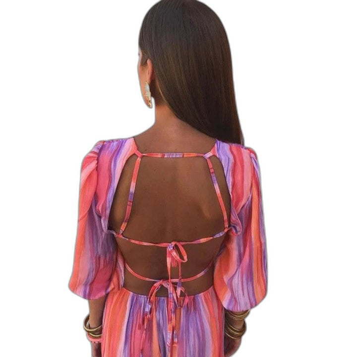 Elegant Striped Maxi Dress for Women with Crew Neck Puff Sleeve Flowing Cocktail Style