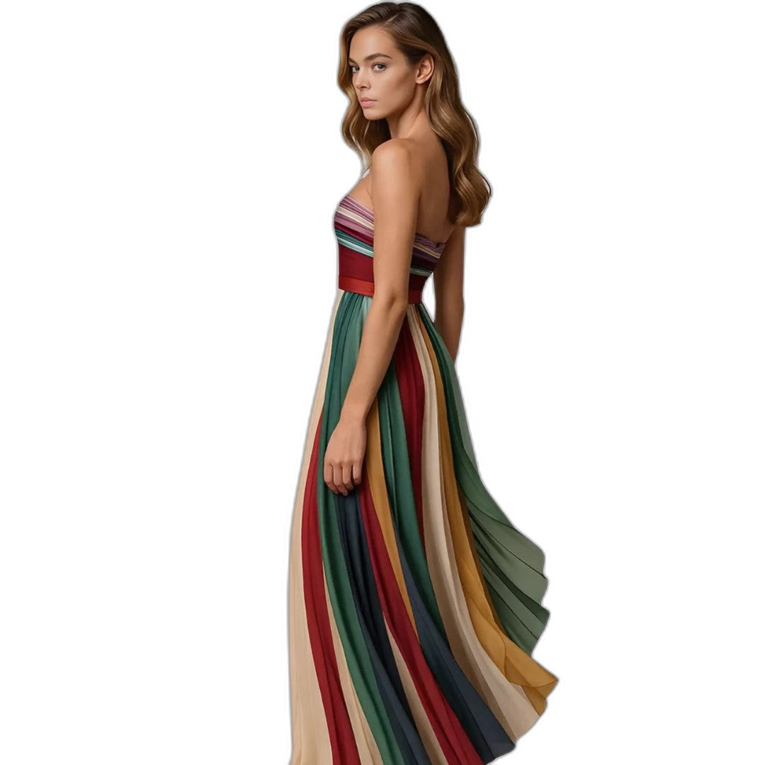 Elegant Striped Maxi Dress for Women with Strapless Flowing Vacation Style