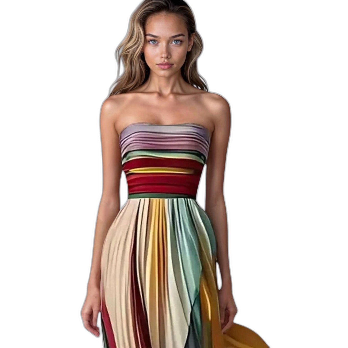 Elegant Striped Maxi Dress for Women with Strapless Pleated Flowing Vacation Style