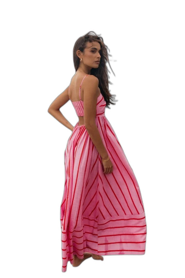 Elegant Striped Maxi Dress for Women with Strapless Tiered Flowing Empire Waist Vacation Style