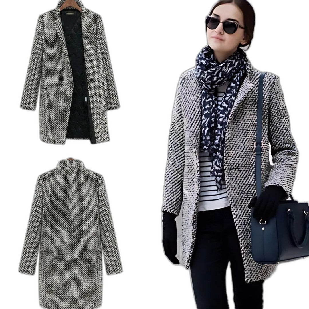 Elegant Tweed Blazer for Women with Wool Collared Long Sleeve Button Front Office Style