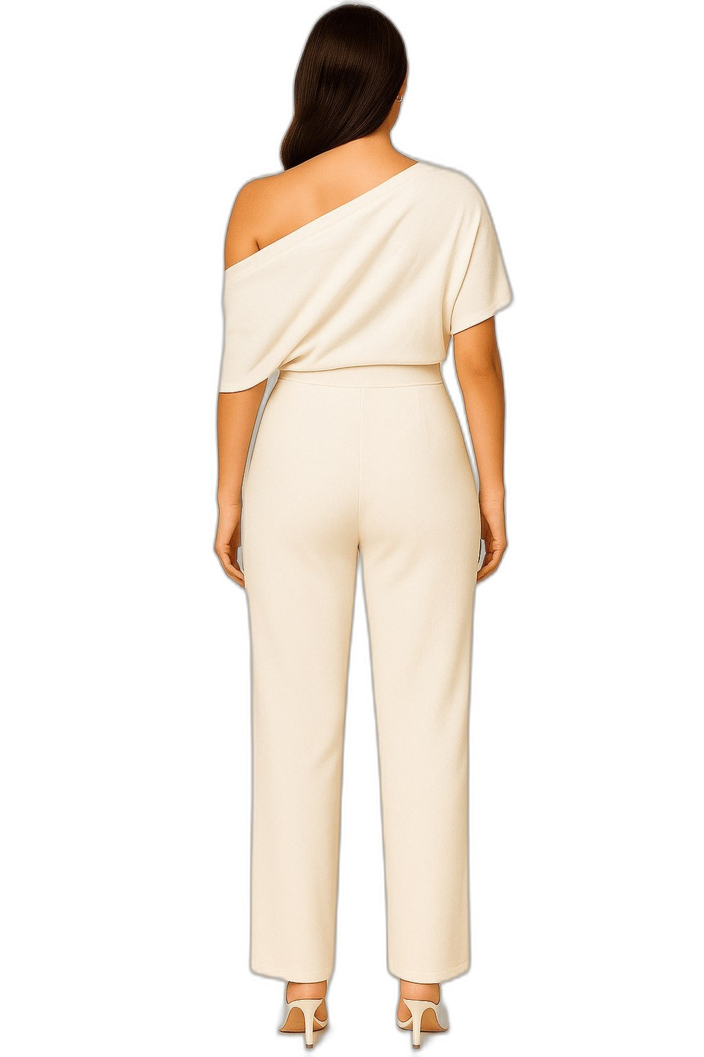 Elegant White Jumpsuit for Women with One Shoulder Long Sleeve Straight Leg Cocktail Style