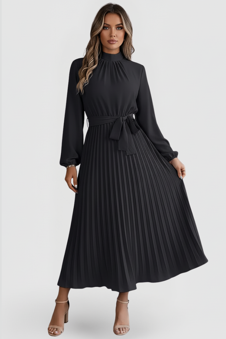 Elegant Pleated Midi Dress for Women with Long Sleeve High Neck Belted Waist Formal Wedding Guest Style