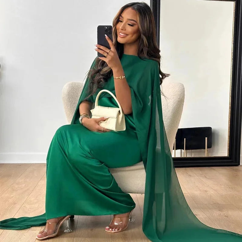 Elegant Chiffon Maxi Dress for Women with Round Neck Cape Sleeve Kaftan Formal Wedding Guest Style