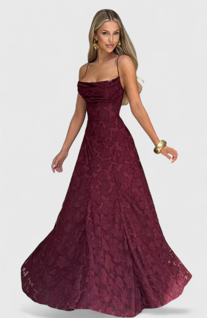 Elegant Floral Lace Maxi Dress for Women with Straight Neck Spaghetti Strap Open Back Formal Wedding Guest Style