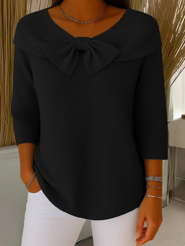 Comfortable Ribbed Knit Sweater for Women with Bow Neck Elbow Sleeve Foldover Collar Relaxed Style