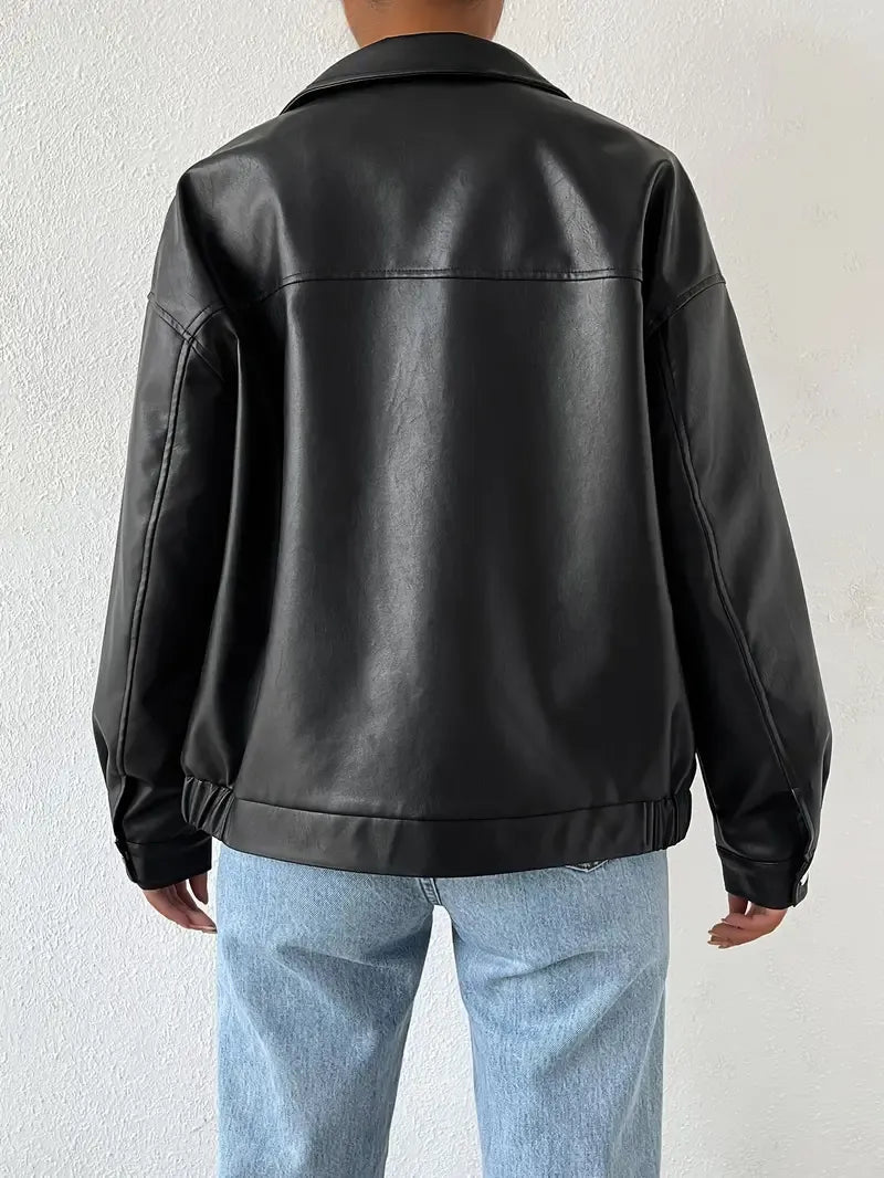 Elegant Black Faux Leather Jacket for Women with Collar Long Sleeve Oversized Relaxed Style