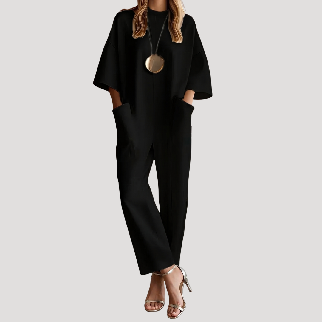 Effortless Jumpsuit for Women with Mock Neck Elbow Sleeve Wide Leg Pocket Relaxed Style