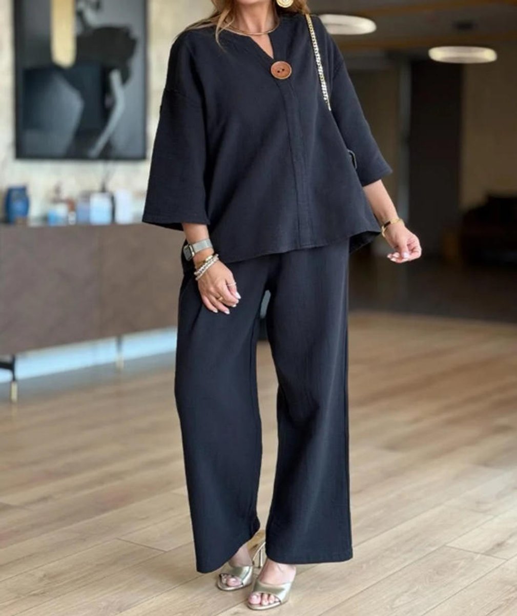 Effortless Linen Wide Leg Set for Women with V Neck Elbow Sleeve Button Front Relaxed Two Piece Style