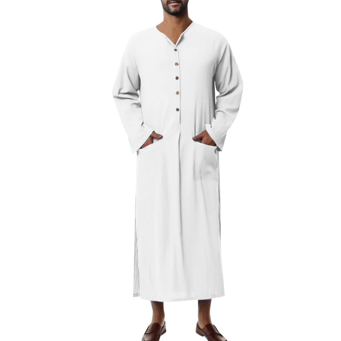 Effortless Linen Kaftan for Women with Stand Collar Three Quarter Sleeve Button Front Relaxed Style