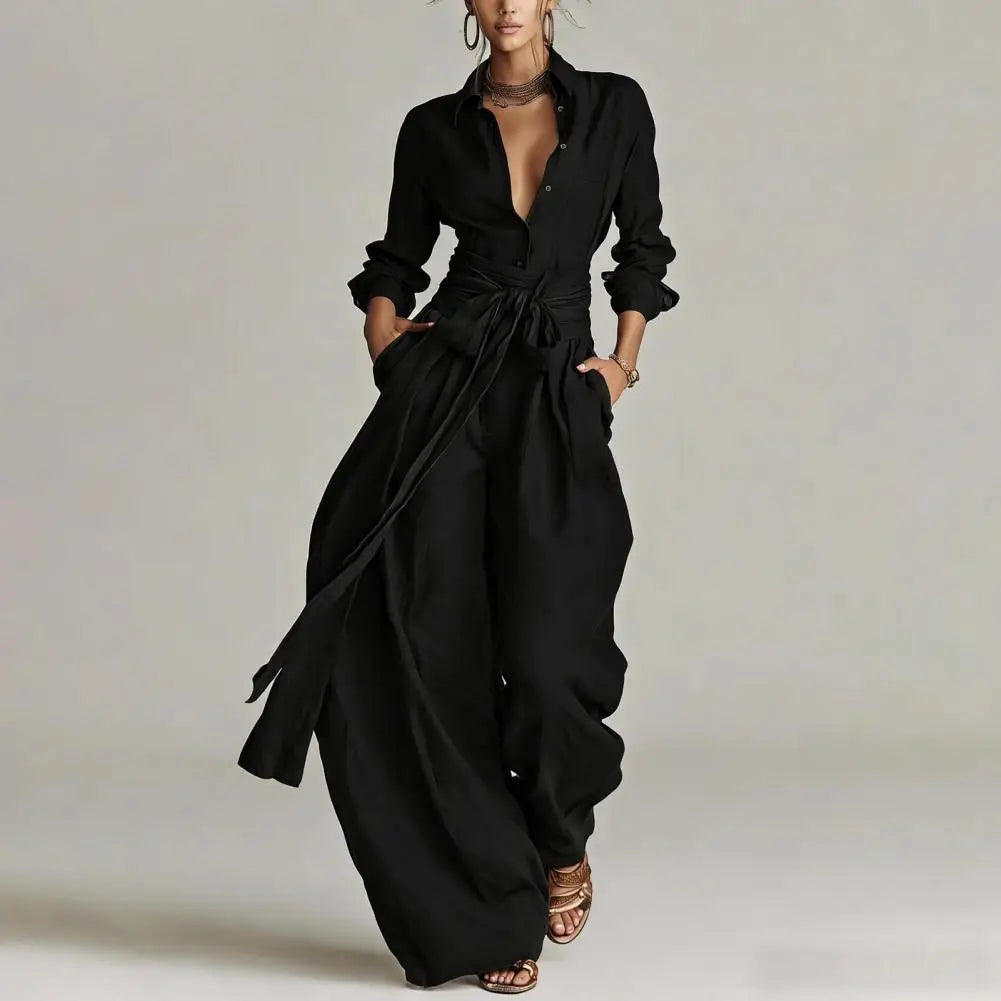Effortless Linen Jumpsuit for Women with Collar Long Sleeve Wrap Tie Wide Leg Style
