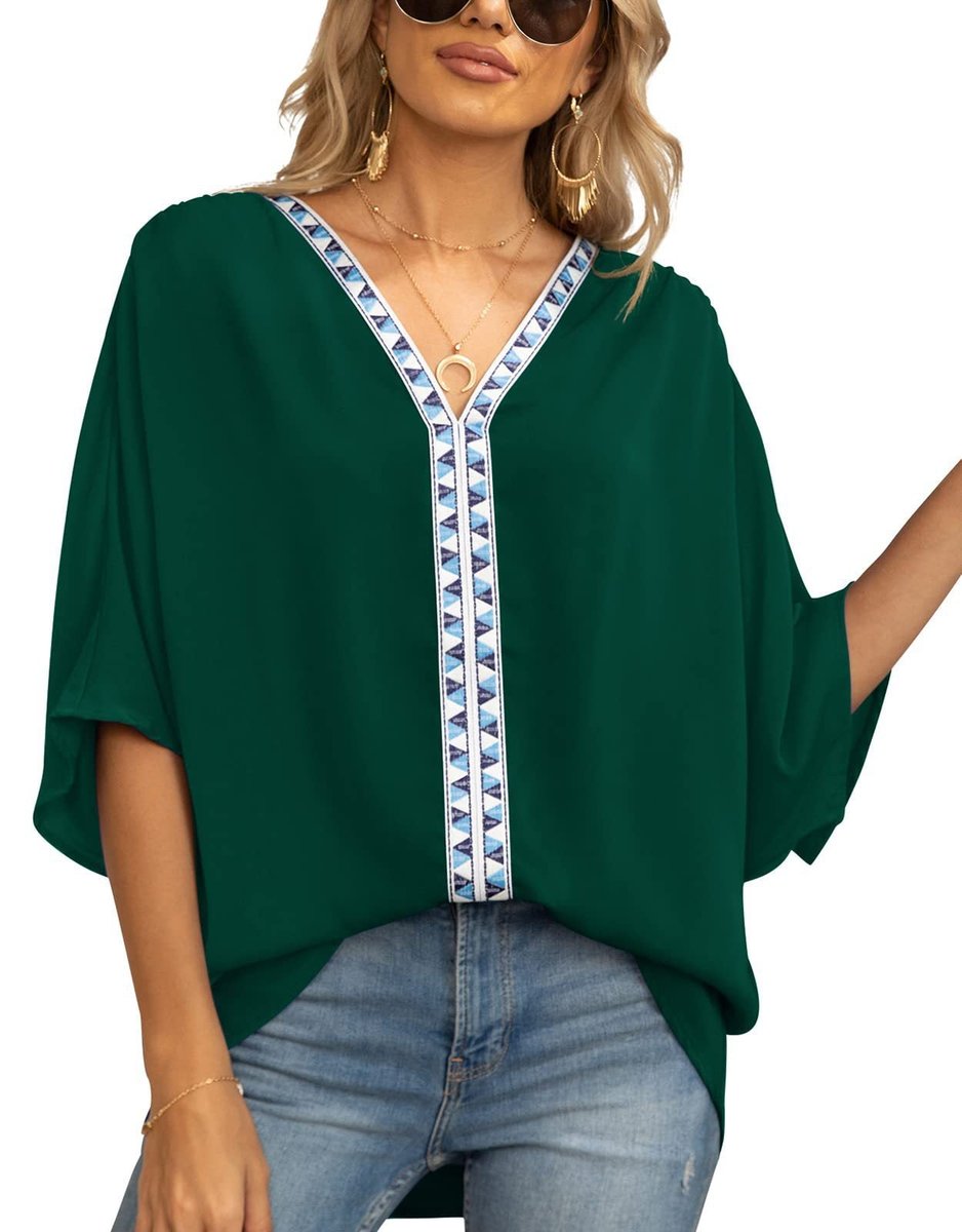 Effortless Embroidered Trim Blouse for Women with V Neck Batwing Sleeve Relaxed Boho Style