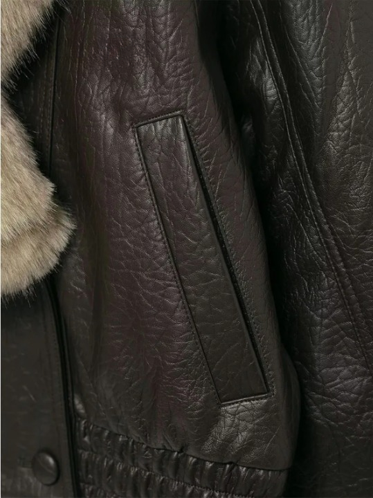 Effortless Leather Bomber Jacket for Women with Fur Collar Long Sleeve Oversized Snap Button Style