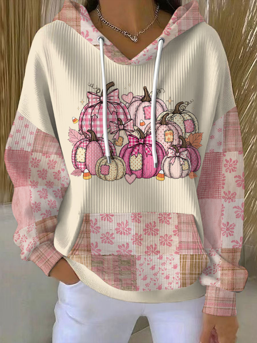 Comfortable Beige Pumpkin Patchwork Hoodie for Women with Drawstring Hood Long Sleeve Relaxed Oversized Knit Style