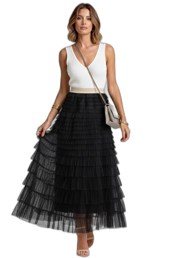 Stylish Beige Mesh Skirt for Women with Tiered Flowing Layered Party Style