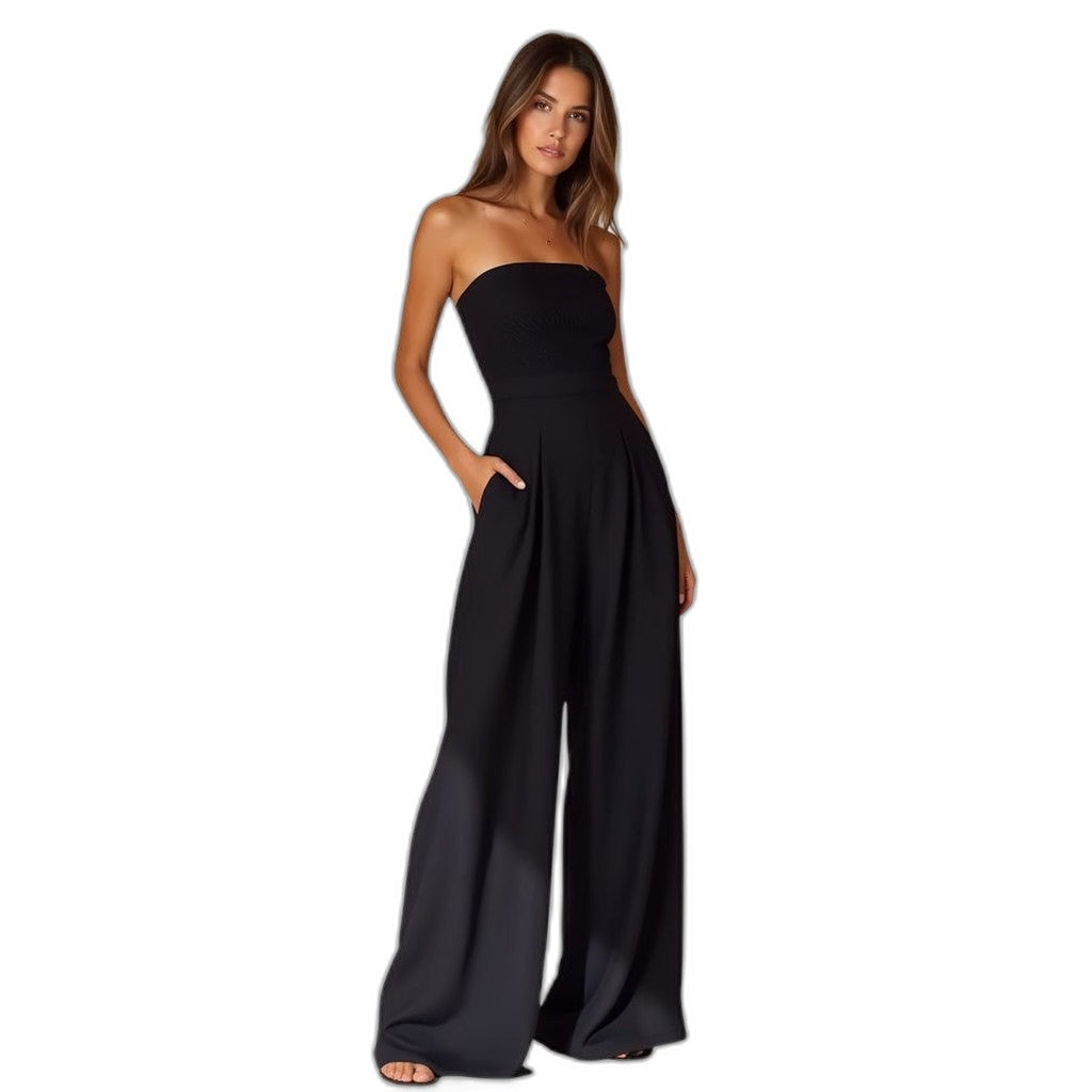 Stylish Black Jumpsuit for Women with Strapless Wide Leg Pockets Party Style