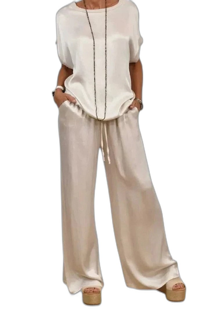 Stylish Black Satin Jumpsuit for Women with Crew Neck Short Sleeve Wide Leg Flowing Party Style