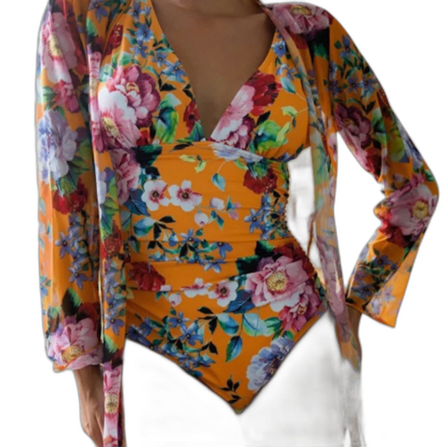 Stylish Floral Swimsuit for Women with Plunge Neck Long Sleeve Vacation Style
