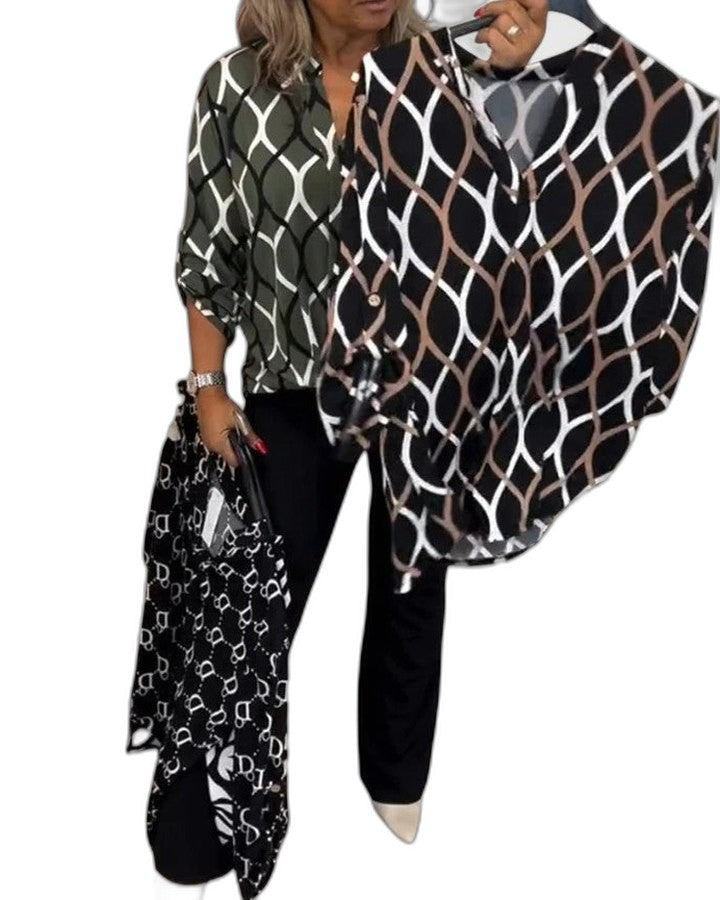 Stylish Geometric Blouse for Women with V Neck Long Sleeve Office Style