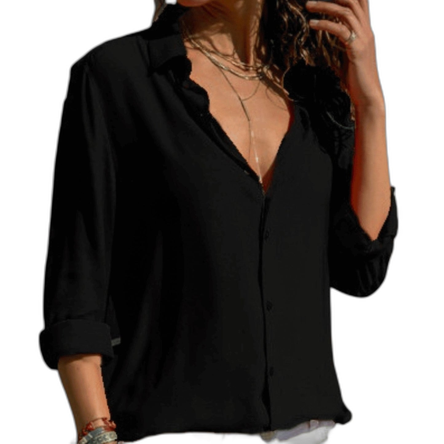 Stylish Grey Shirt for Women with Collared Long Sleeve Button Front Office Style
