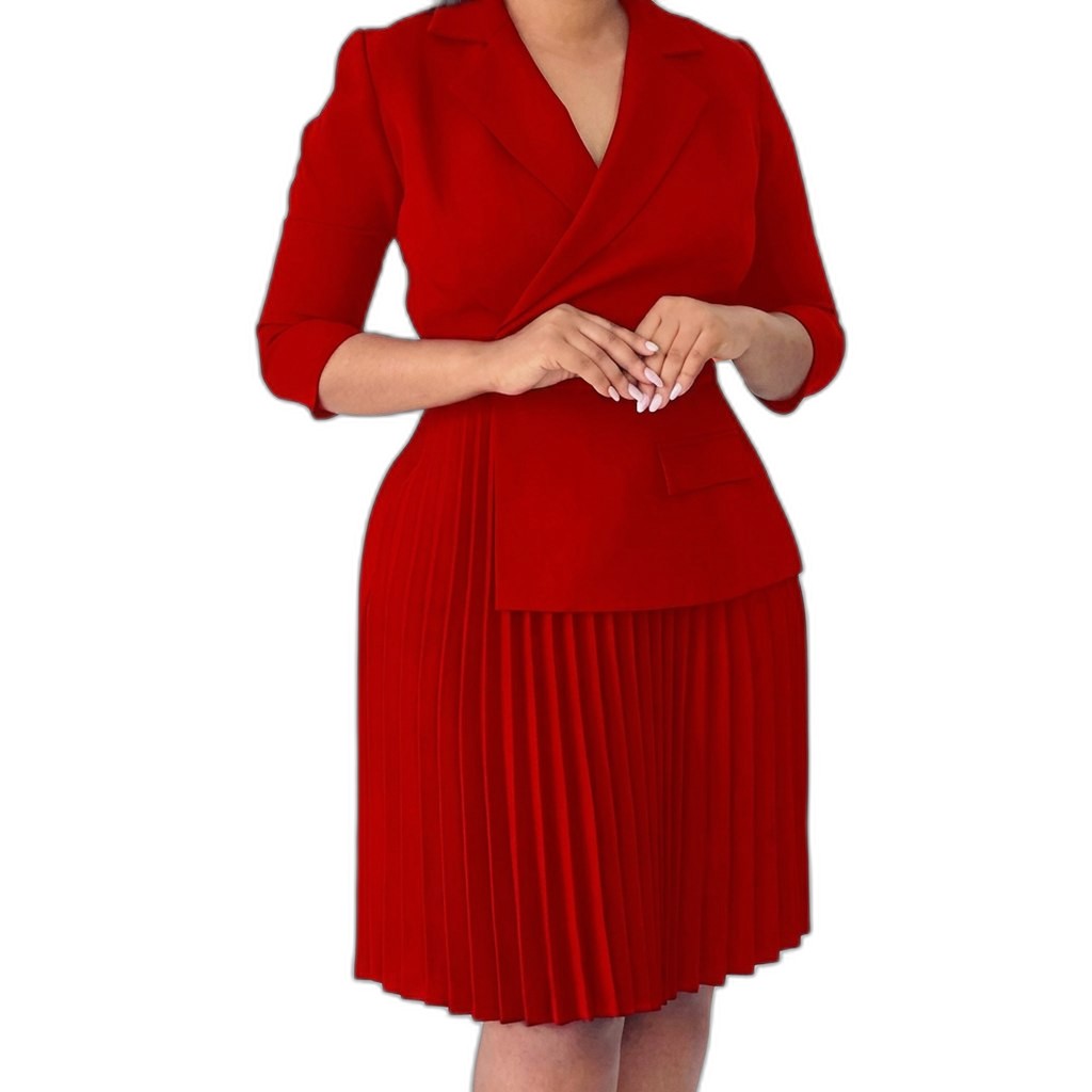 Stylish Navy Two Piece Set for Women with Pleated Button Front Office Style