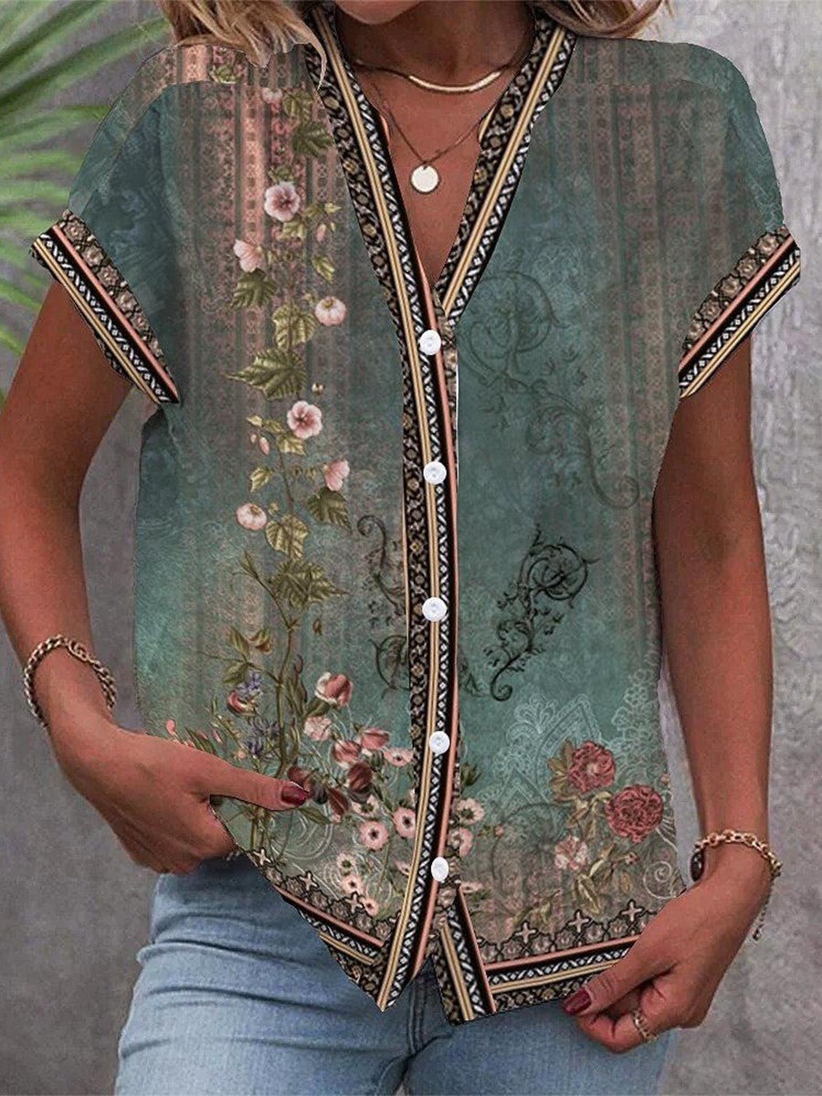 Effortless Green Floral Blouse for Women with V Neck Short Sleeve Button Front Bohemian Style