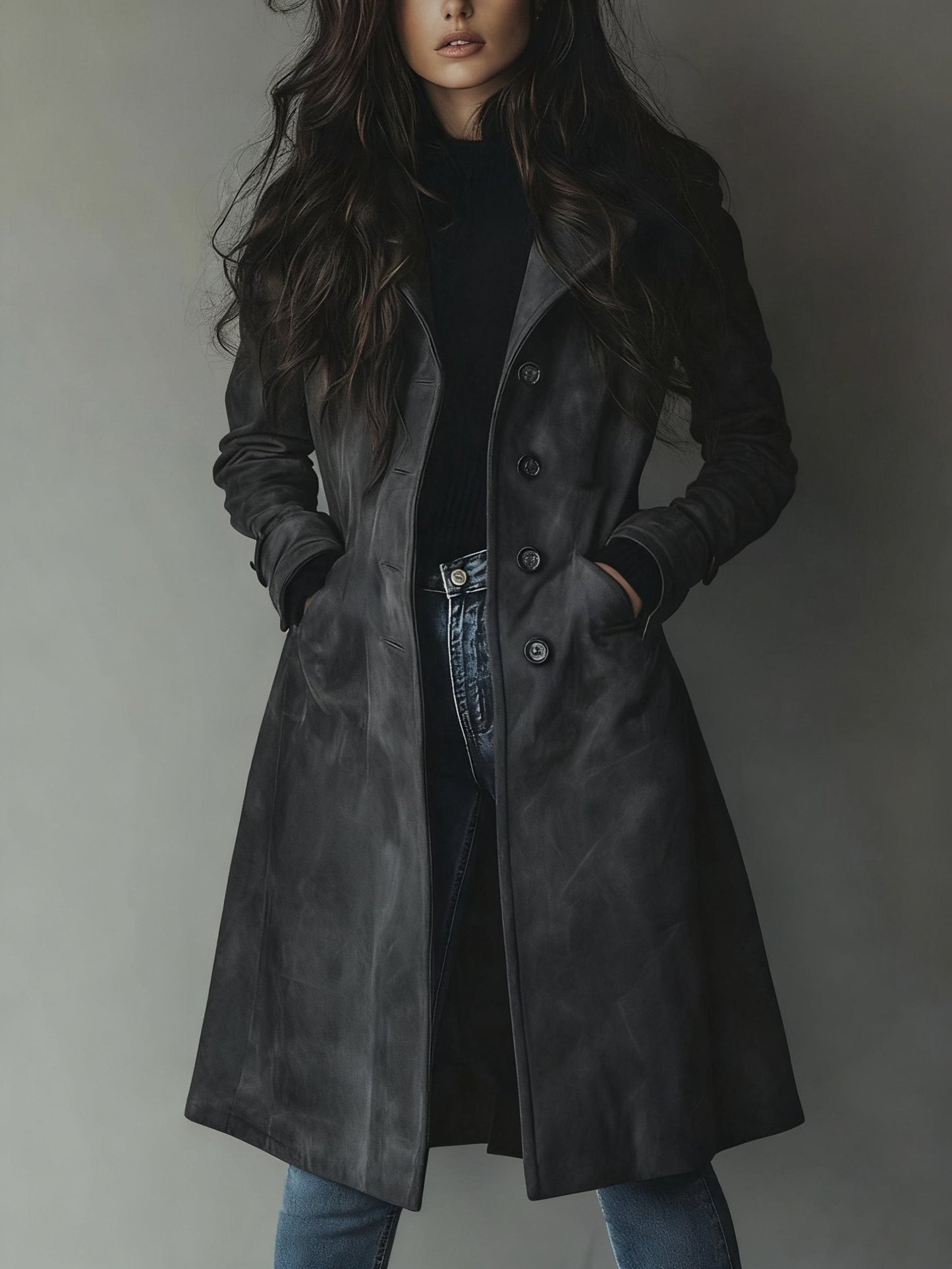 Elegant Suede Trench Coat for Women with Notch Collar Long Sleeve Button Front Tailored Style