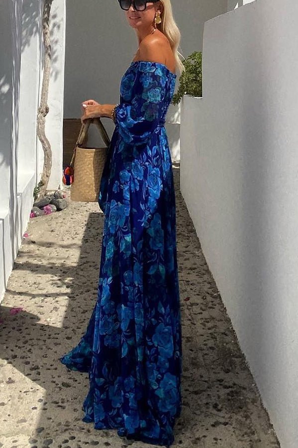 Elegant Blue Floral Maxi Dress for Women with Off Shoulder Long Sleeve Flowy Formal Wedding Guest Style