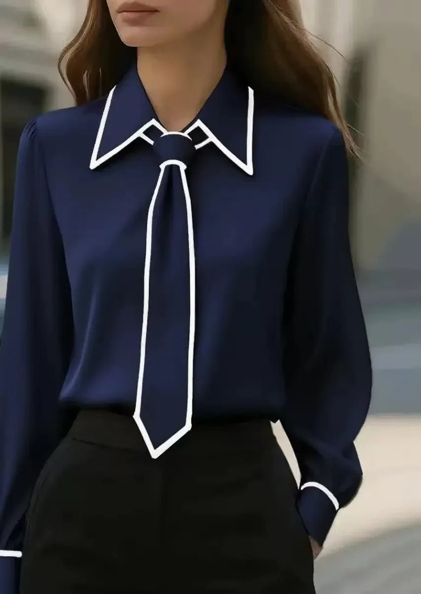 Elegant Satin Blouse for Women with Point Collar Long Sleeve Tie Neck Contrast Trim Style