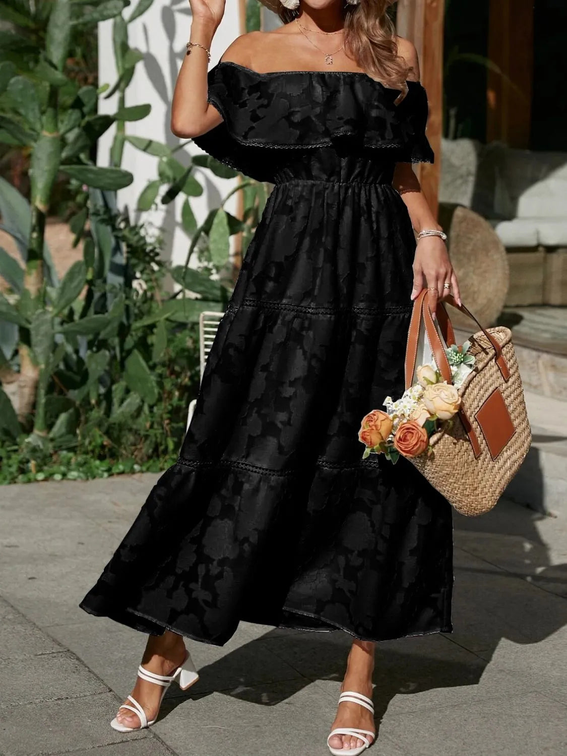 Elegant Off Shoulder Maxi Dress for Women with Smocked Bodice Tiered Skirt Formal Wedding Guest Style