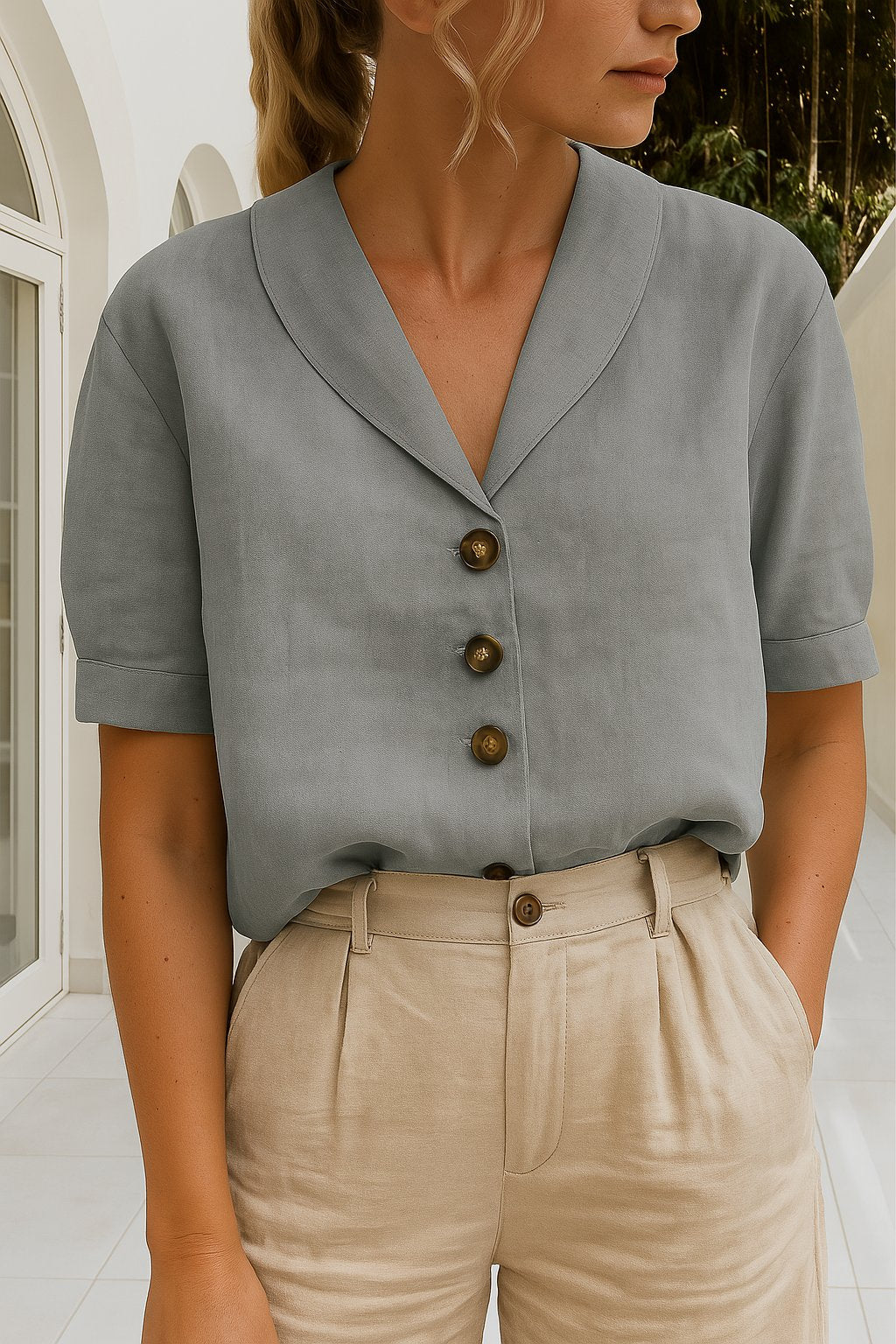 Effortless Linen Blouse for Women with V Neck Short Sleeve Button Front Relaxed Style