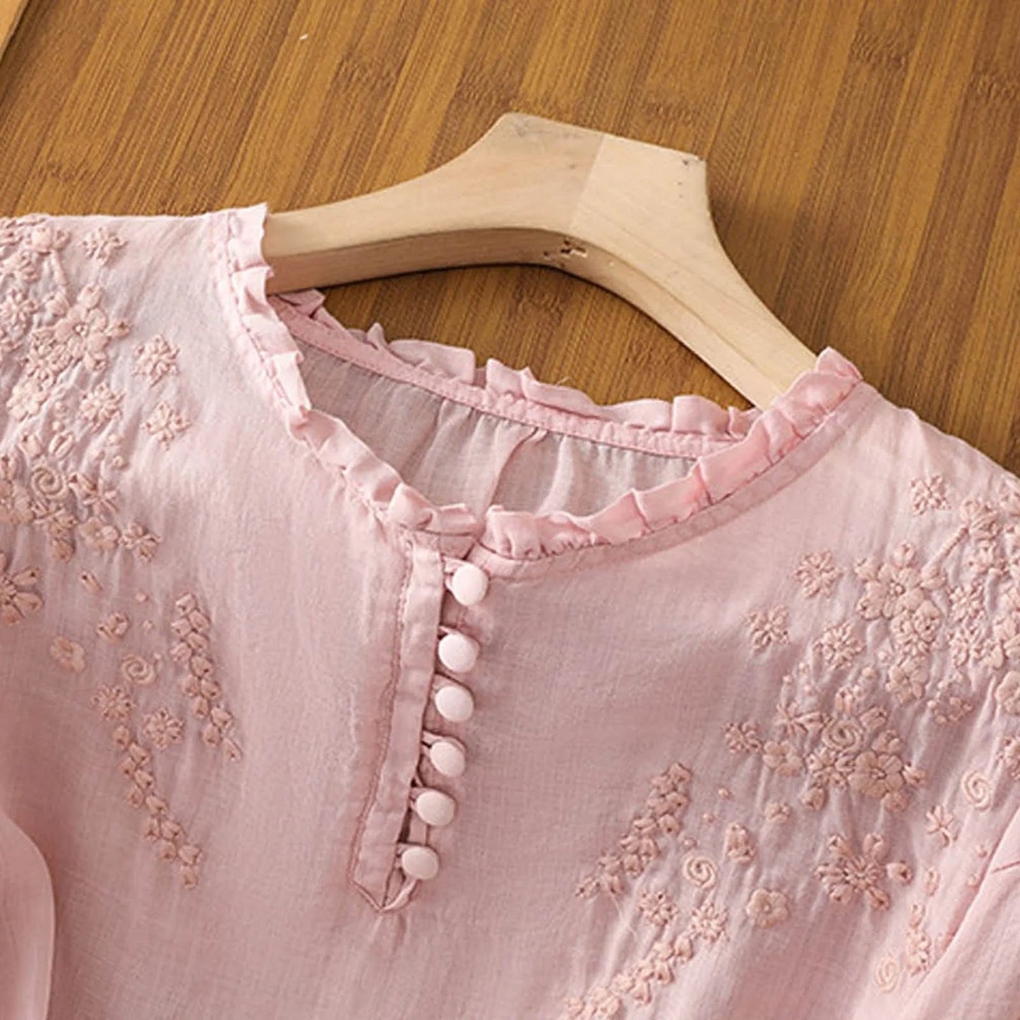 Effortless Embroidered Linen Blouse for Women with Ruffled V Neck Elbow Sleeve Button Front Relaxed Style